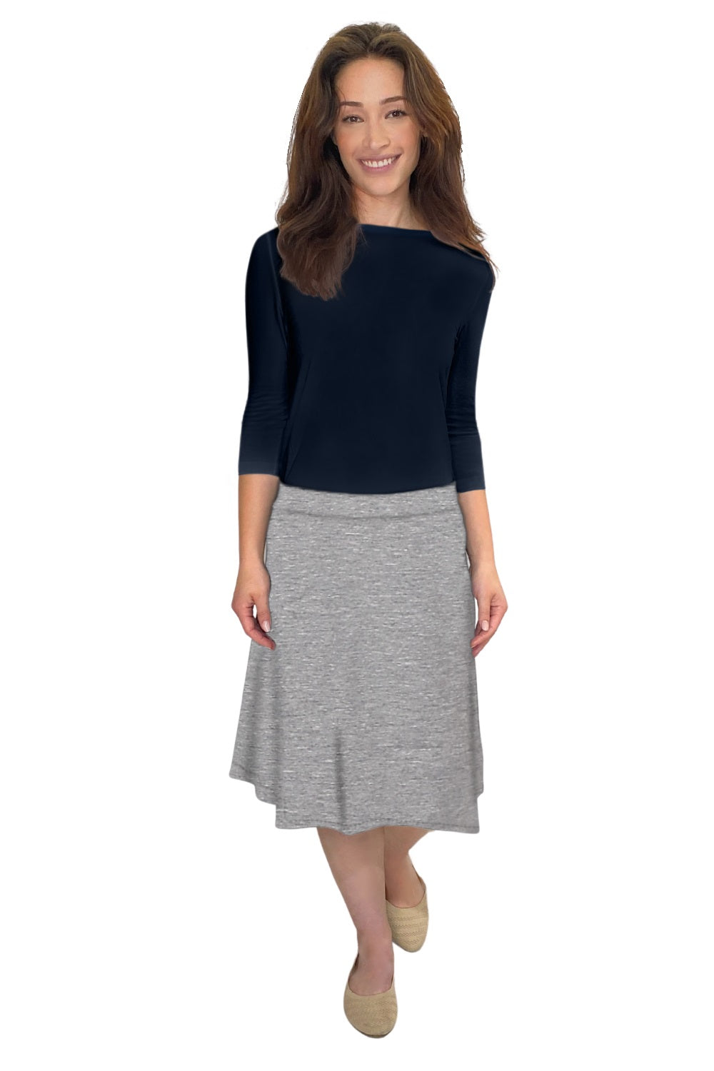 Classic A-Line Knee Length Cotton Stretch Skirt - Modest Everyday Comfort