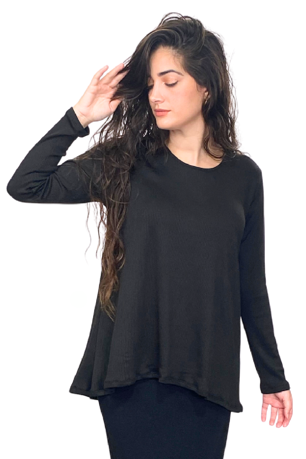 Womens Long Sleeved Ribbed Hi Lo Tunic Top