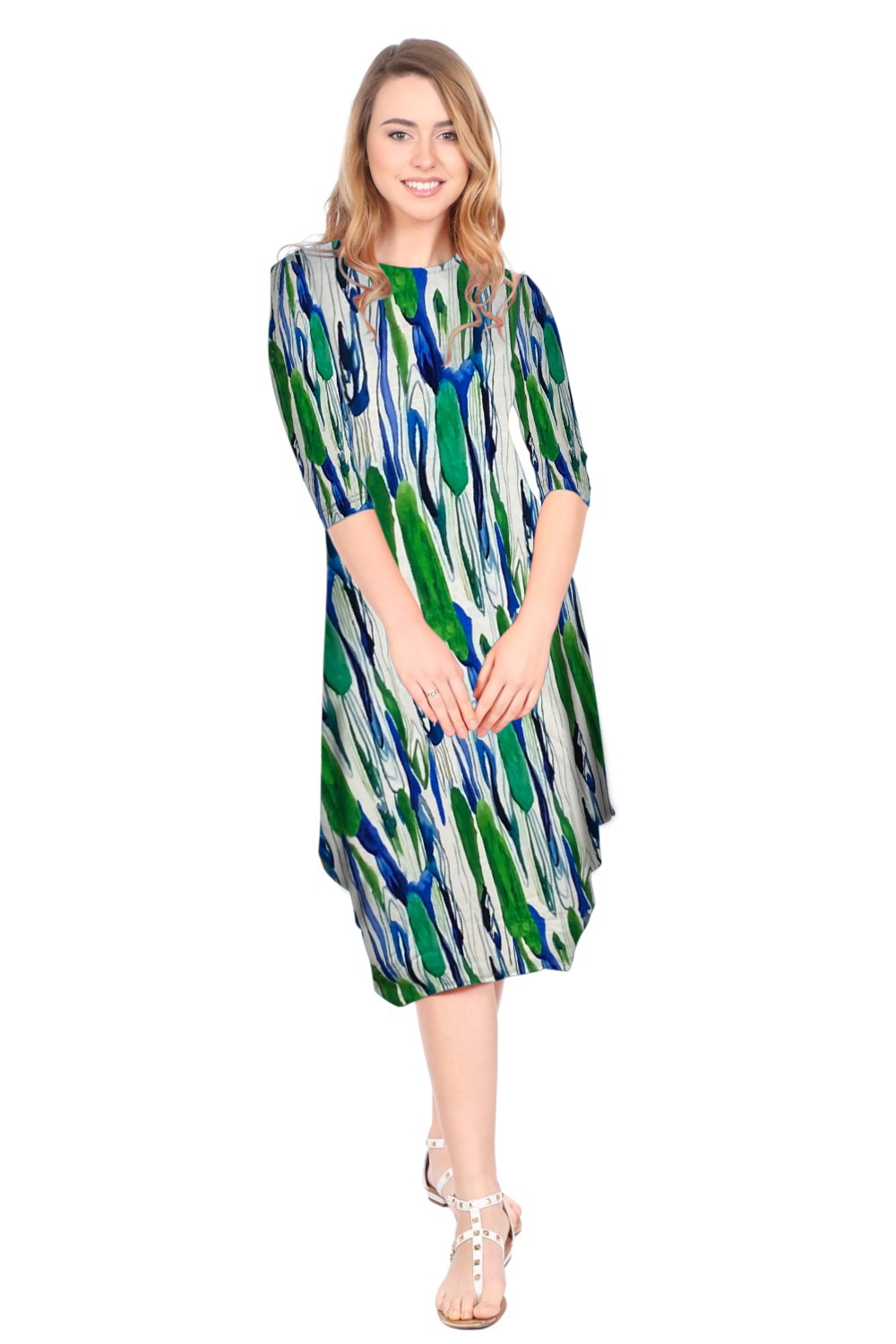 Flowing Midi Dress with 3/4 Sleeves and Dramatic Drape