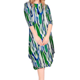 Flowing Midi Dress with 3/4 Sleeves and Dramatic Drape