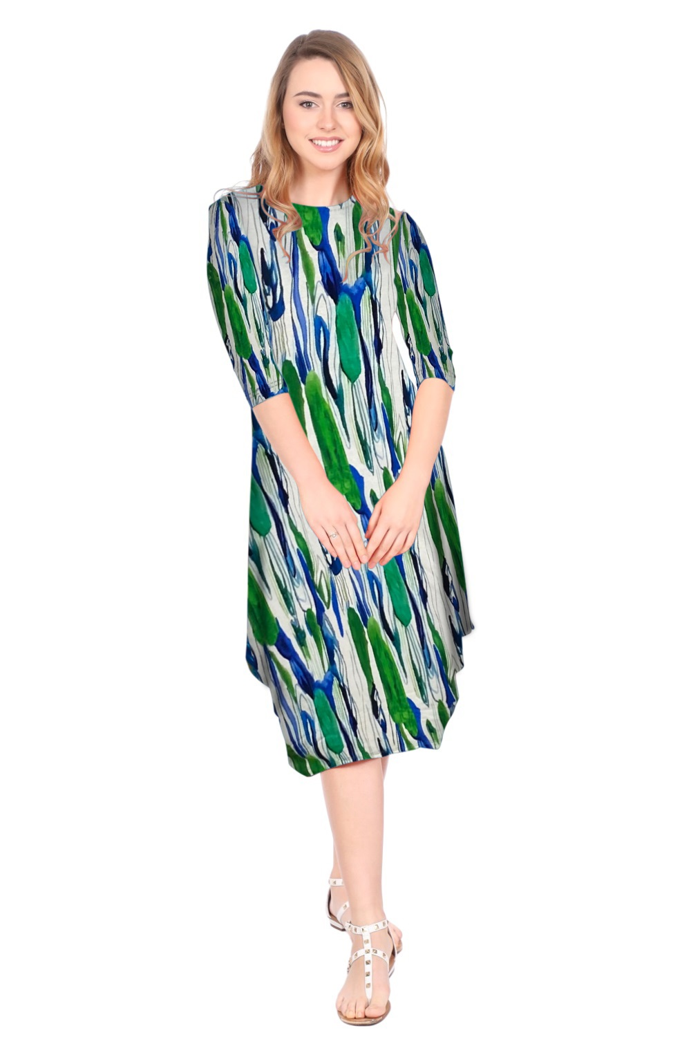 Flowing Midi Dress with 3/4 Sleeves and Dramatic Drape Green Palette / X-Small Flowing Midi Dress with 3/4 Sleeves and Dramatic Drape Green Palette / X-Small