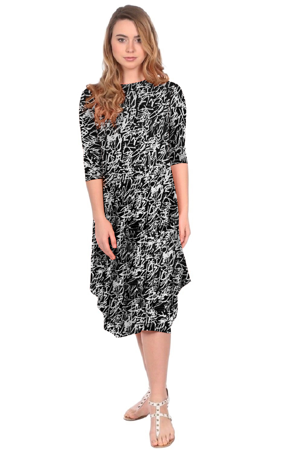 Flowing Midi Dress with 3/4 Sleeves and Dramatic Drape