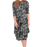 Flowing Midi Dress with 3/4 Sleeves and Dramatic Drape