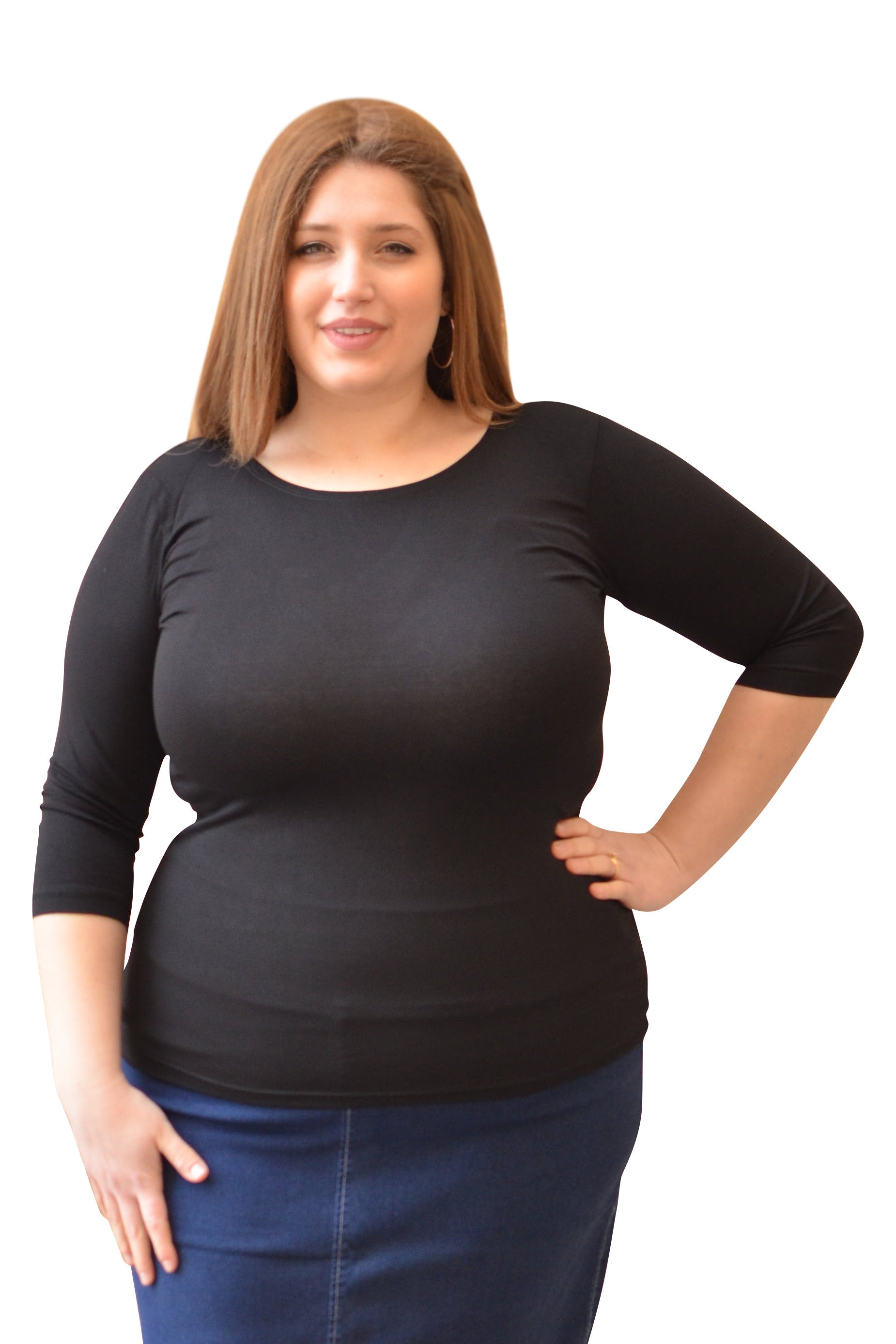 Plus Size Womens 3/4 Sleeve Layering Top - Modest Boat-neck Opening