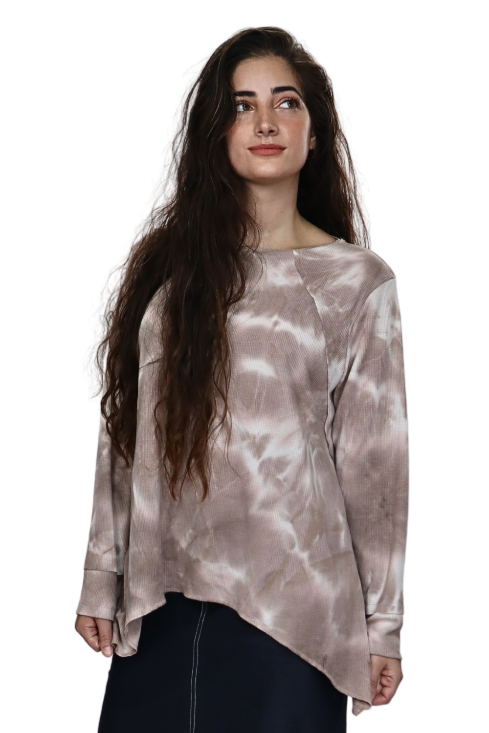 Long Sleeve Relaxed Fit Waffle Tunic - Tie-Dye High-Low Hem Plus