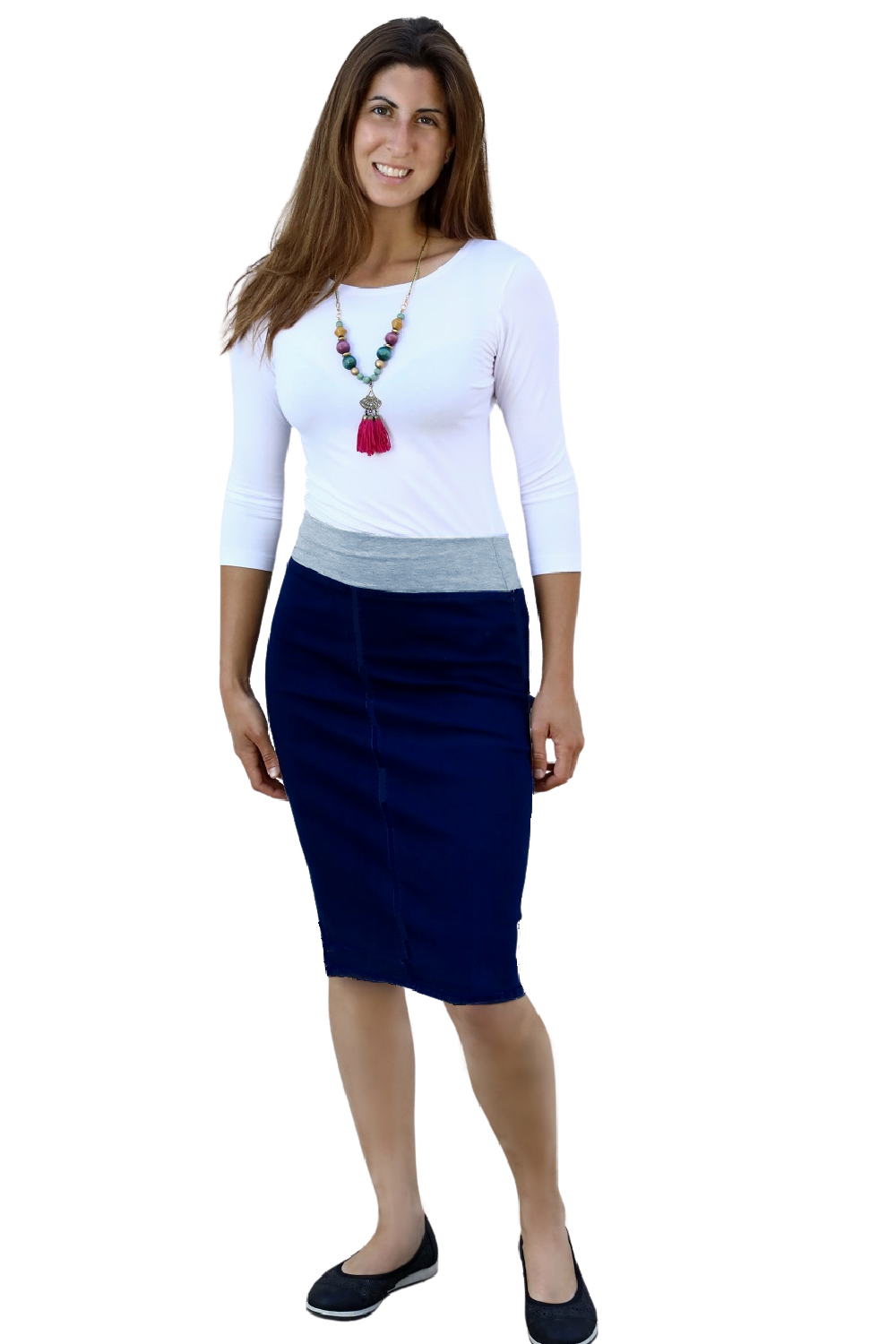 Womens Straight Knee Length Denim Skirt with Stretch Waistband