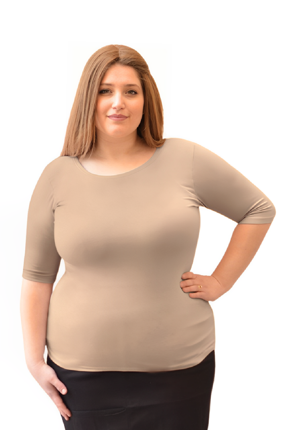 Plus Size Fitted Layering Shell - Modest Round Neck with Elbow Sleeves