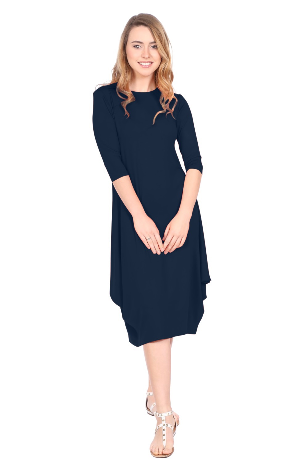 Flowing Midi Dress with 3/4 Sleeves and Dramatic Drape