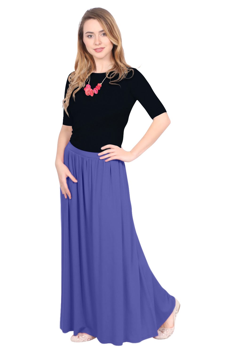 Women's Flowing Long Maxi Skirt with Pockets - Full Covered Elastic Waist