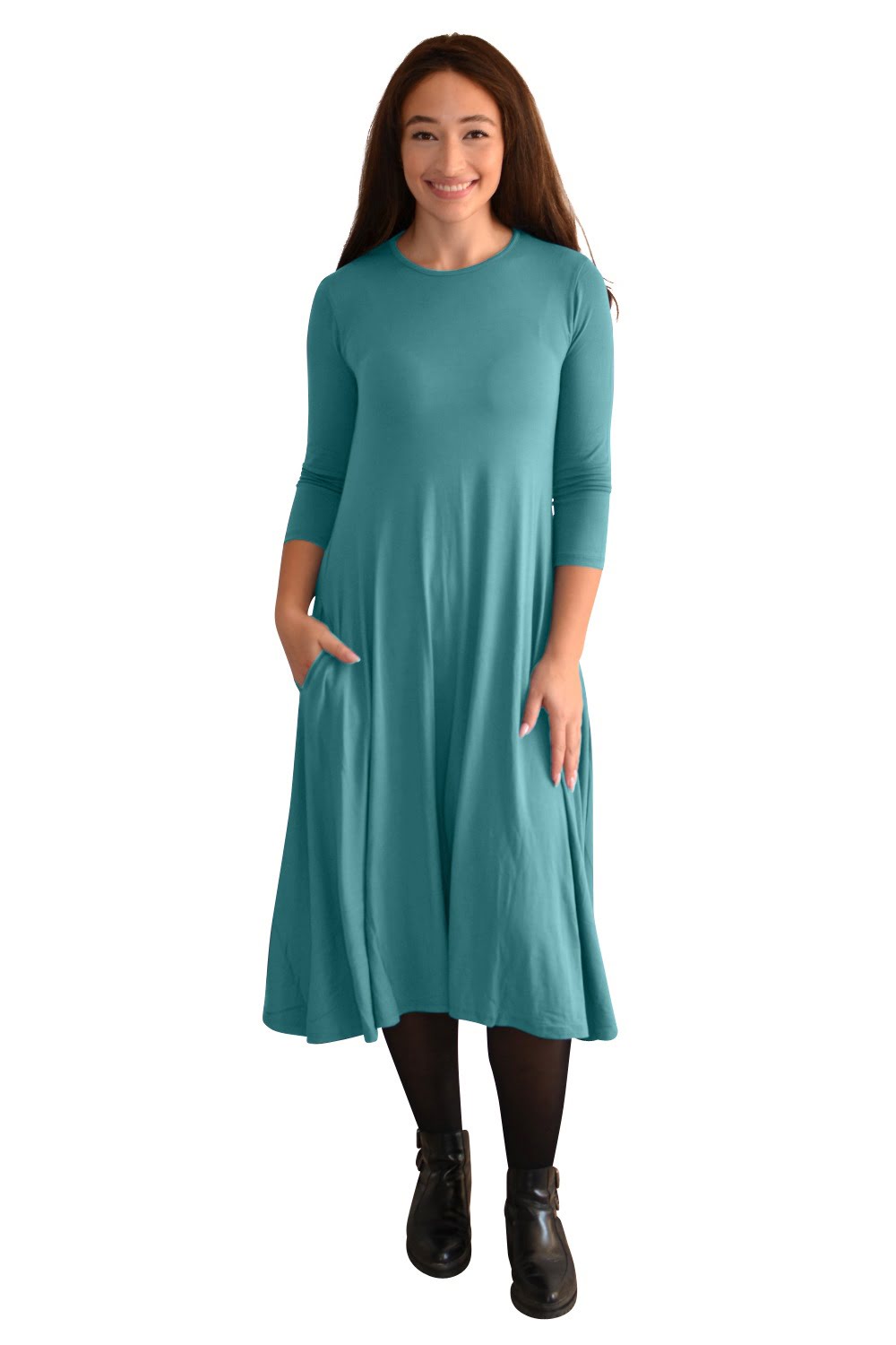 Mid-Calf 3/4 Sleeve Swing Dress with Pockets