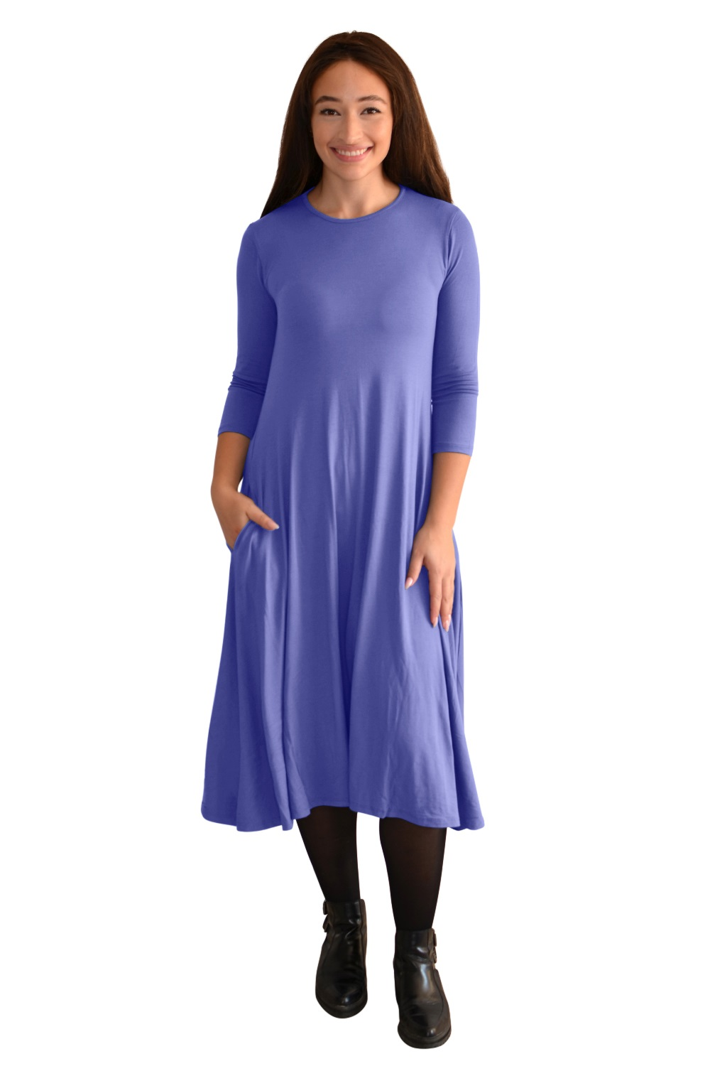 Mid-Calf 3/4 Sleeve Swing Dress with Pockets