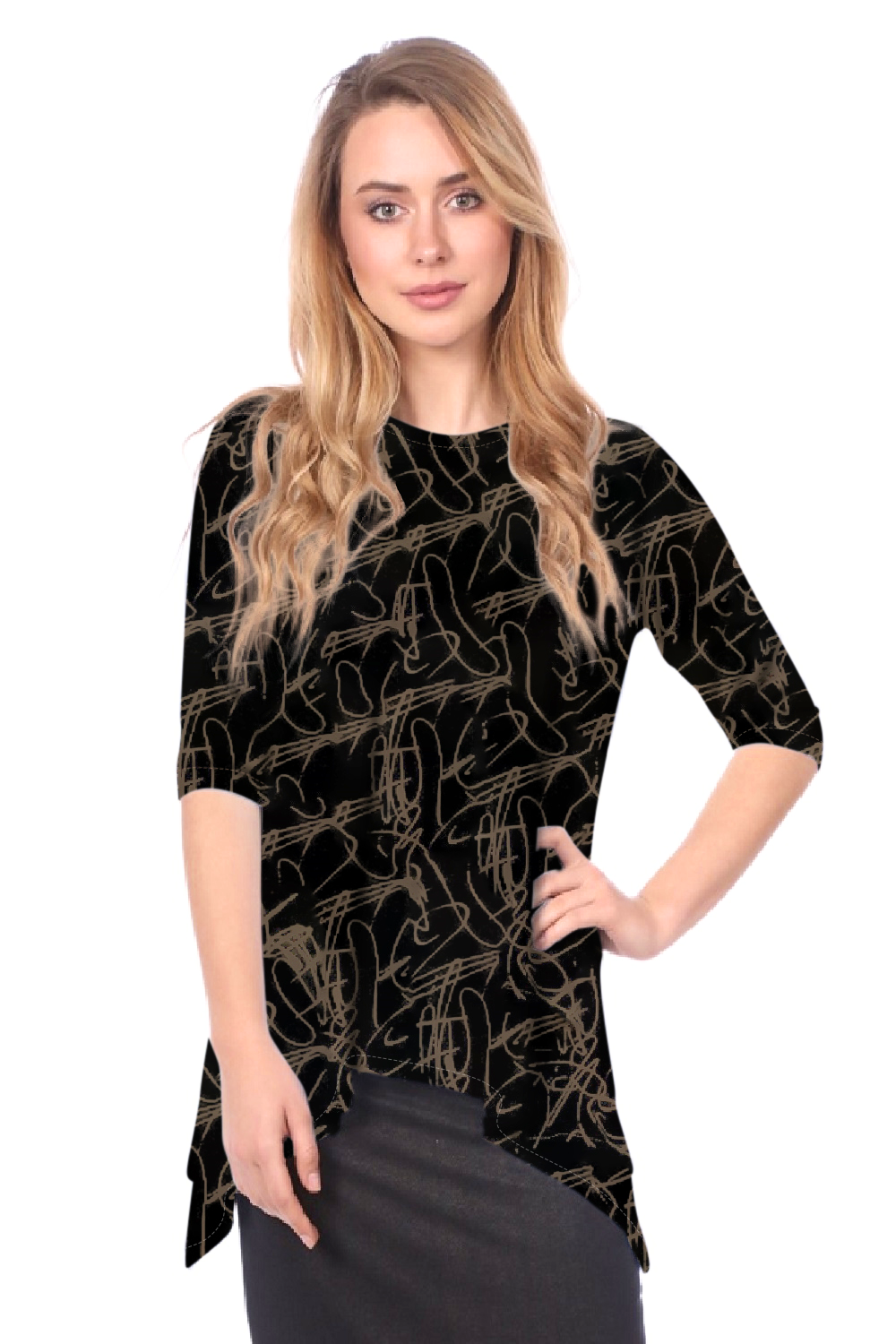 Modest Handkerchief Tunic Top - 3/4 Sleeve Comfort Flow Design