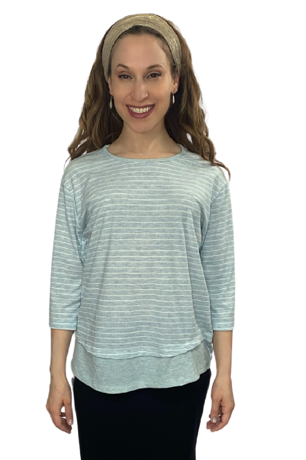 3/4 Sleeve Modest Striped Rib Knit Top with Solid Panel - Hip Length Casual Comfort