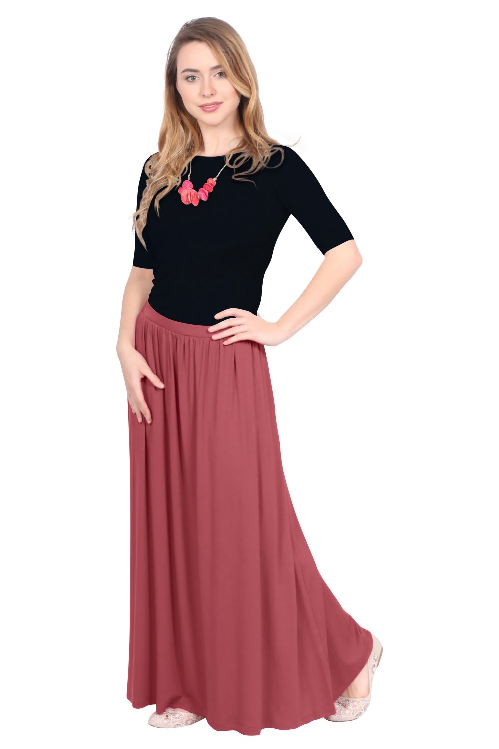 Women's Flowing Long Maxi Skirt with Pockets - Full Covered Elastic Waist