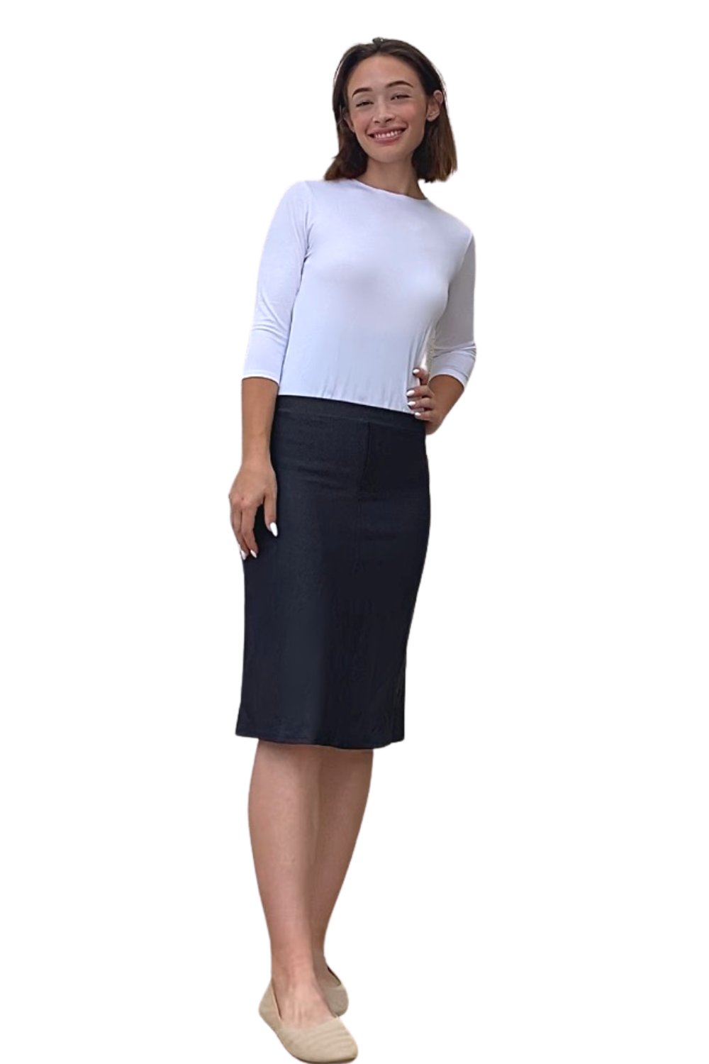 Faux Denim Knit Fitted Pencil Skirt Knee Length