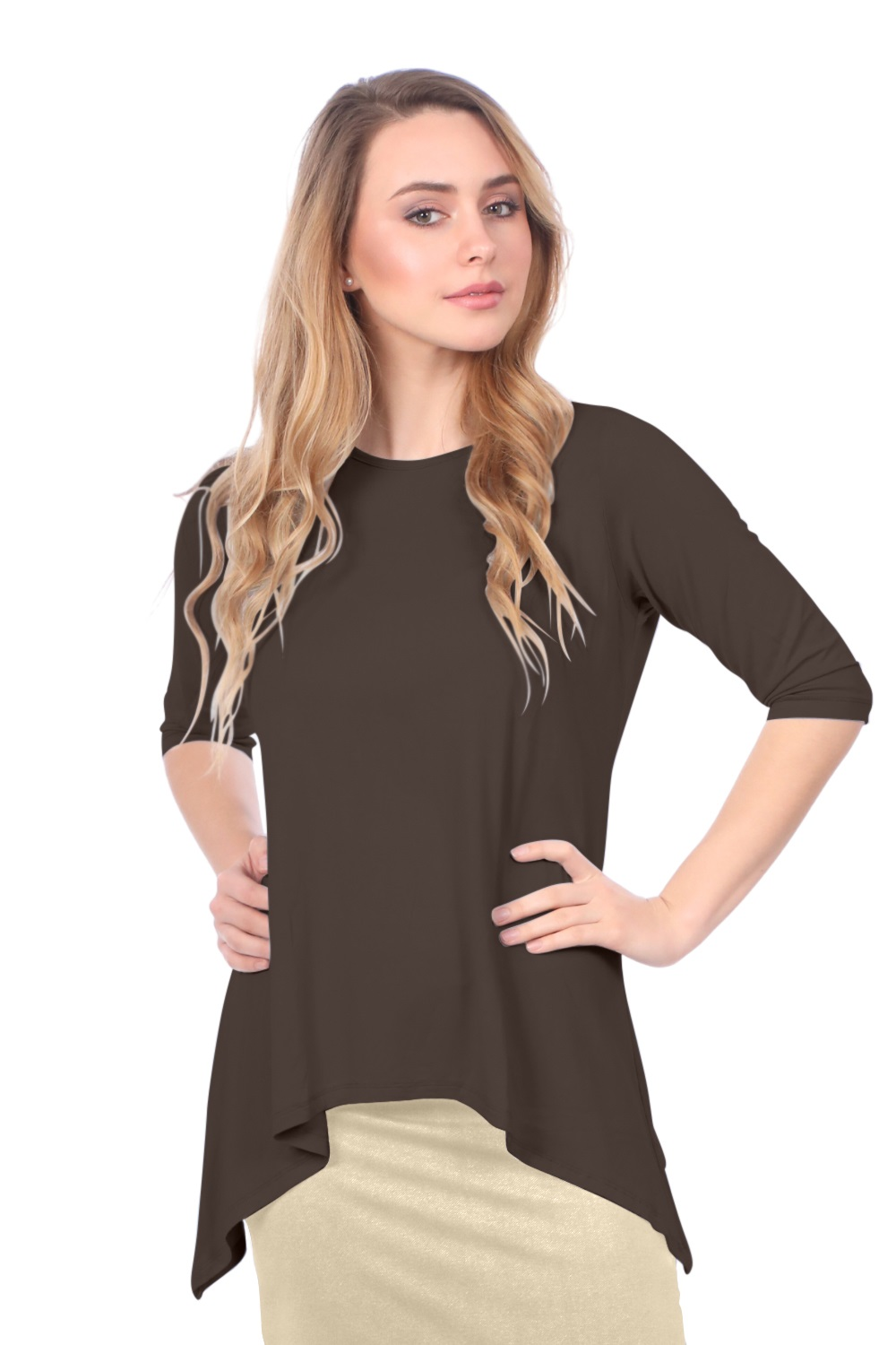 Modest Handkerchief Tunic Top - 3/4 Sleeve Comfort Flow Design