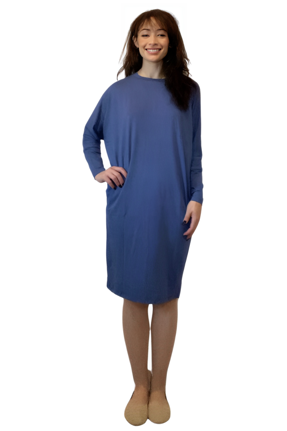 Batwing Long Sleeve Midi Dress with Pockets - Versatile Loose Fit Style