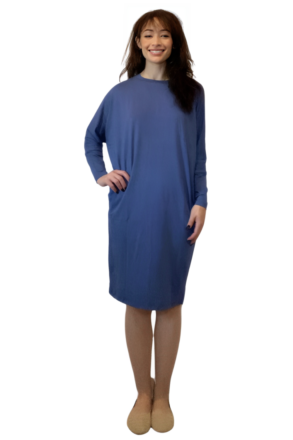 Batwing Long Sleeve Casual Comfort Midi Dress with Pockets White Palm/Blue Stripes / One Size Batwing Long Sleeve Casual Comfort Midi Dress with Pockets White Palm/Blue Stripes / One Size