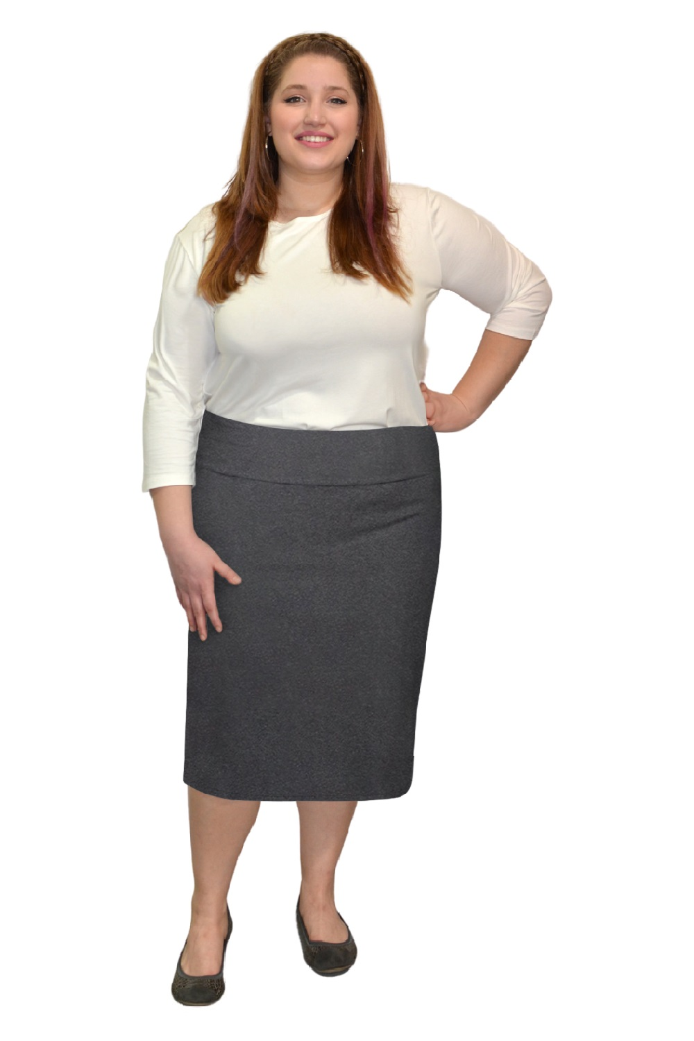 Stretch Knee Length Pencil Skirt for Women in Cotton Spandex Plus Size