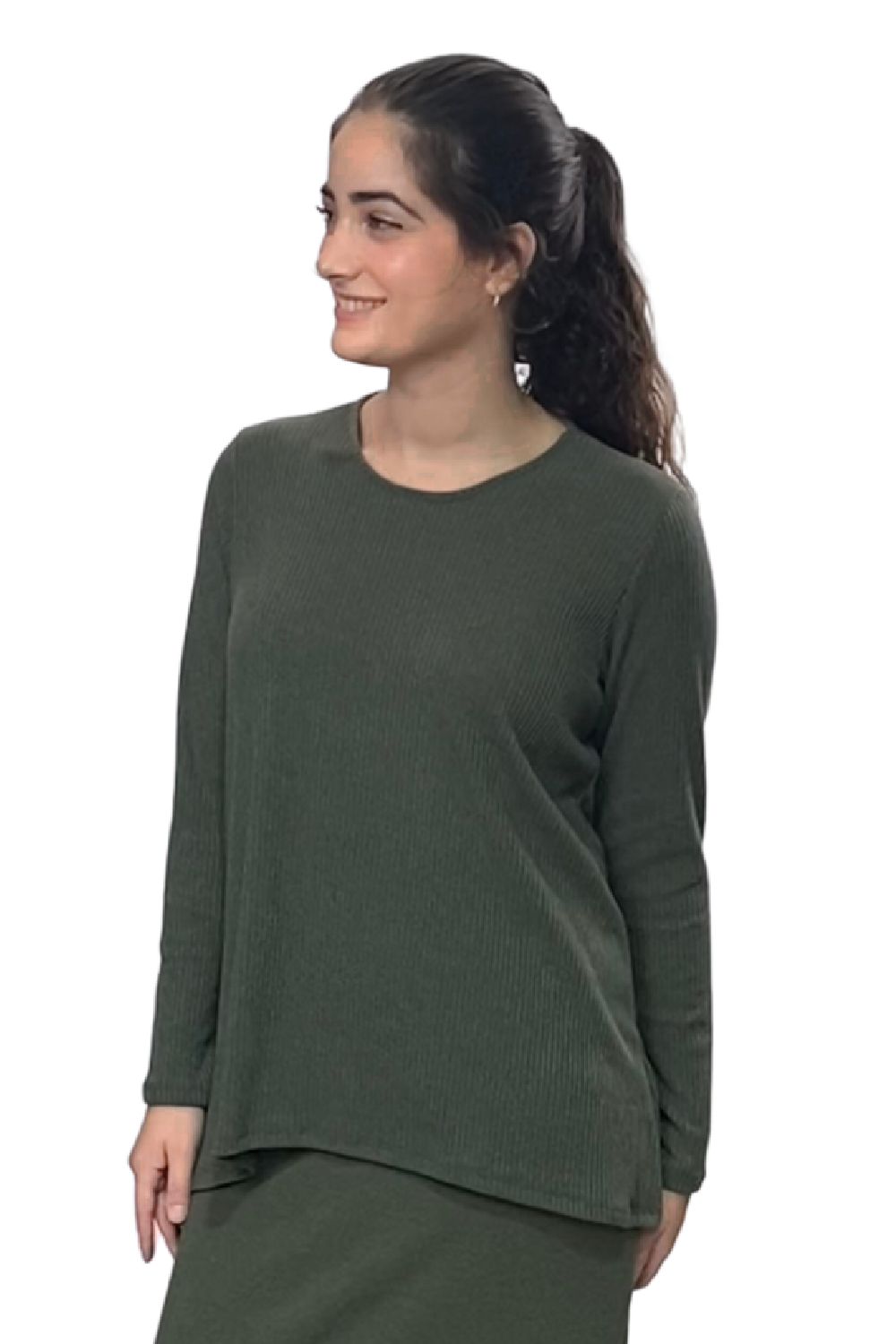 Womens Long Sleeved Ribbed Hi Lo Tunic Top