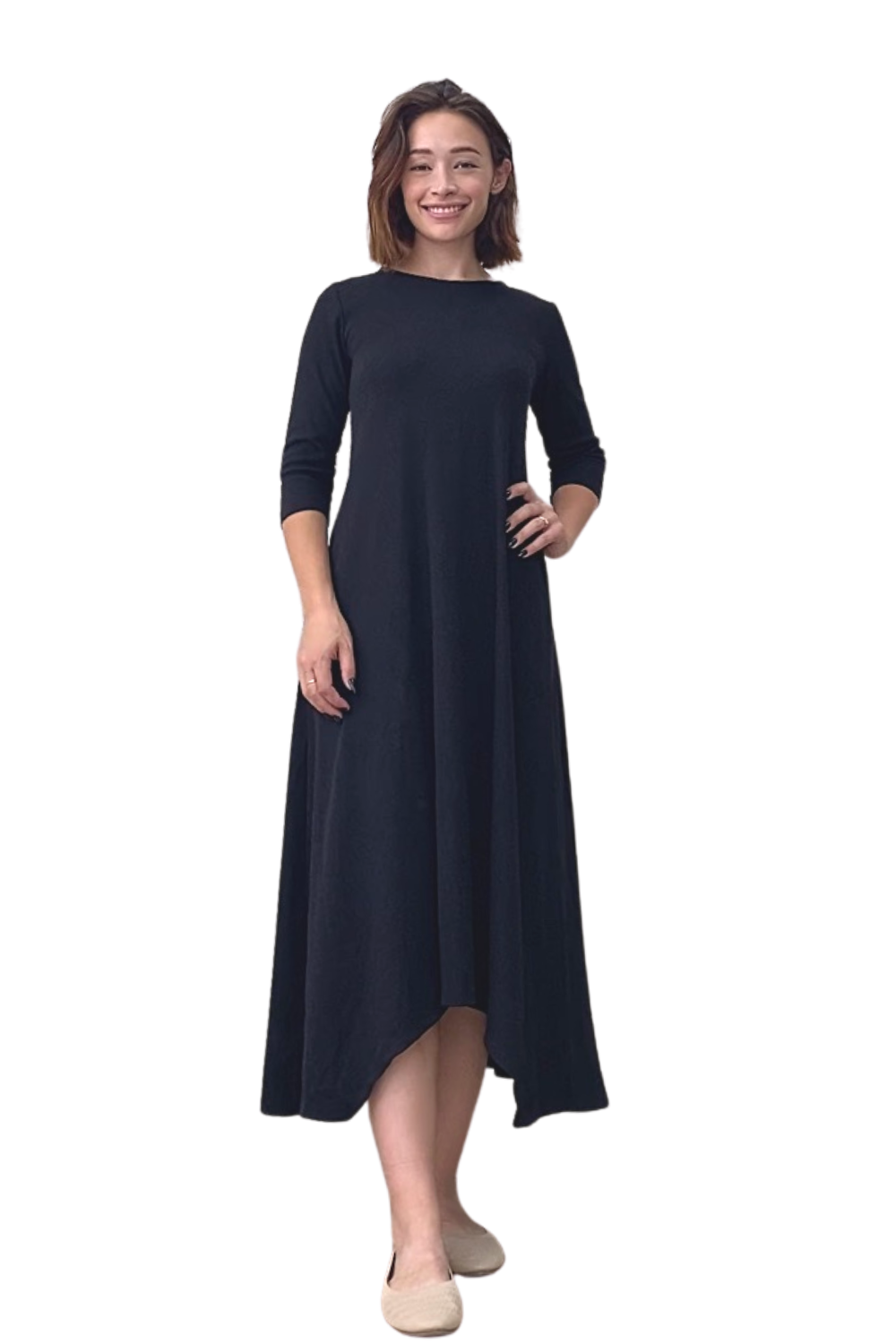 A-line Cotton Ribbed Maxi Dress - Modest Neckline,  3/4 Sleeves and Pockets