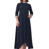 A-line Cotton Ribbed Maxi Dress - Modest Neckline,  3/4 Sleeves and Pockets