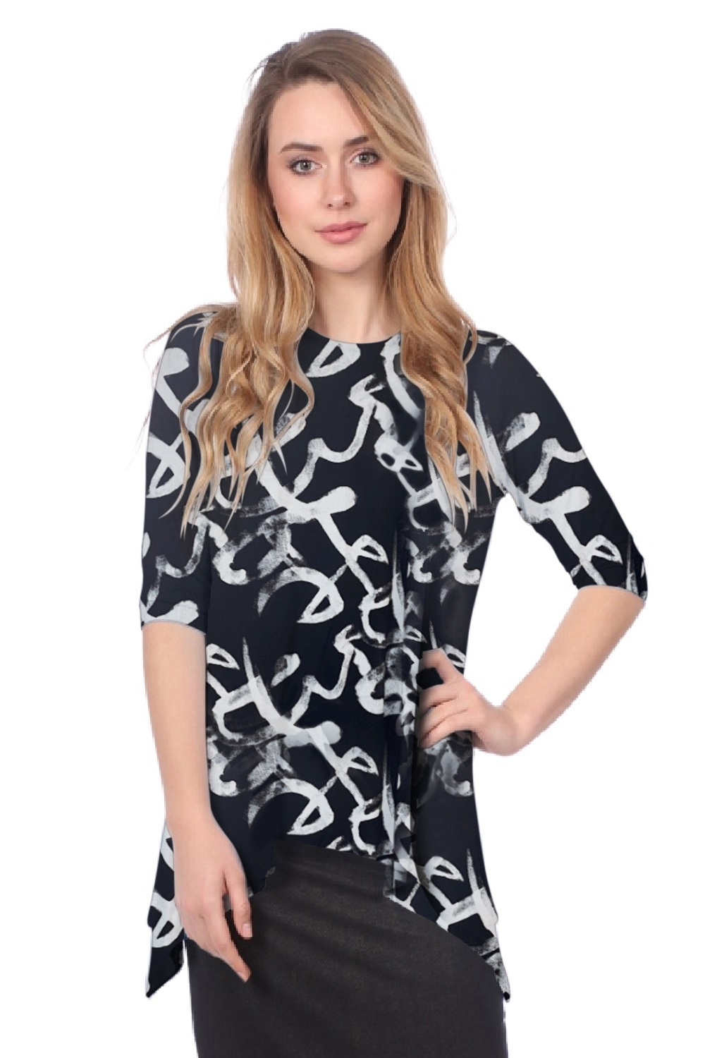 Modest Handkerchief Tunic Top - 3/4 Sleeve Comfort Flow Design