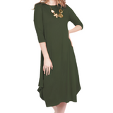 Flowing Midi Dress with 3/4 Sleeves and Dramatic Drape