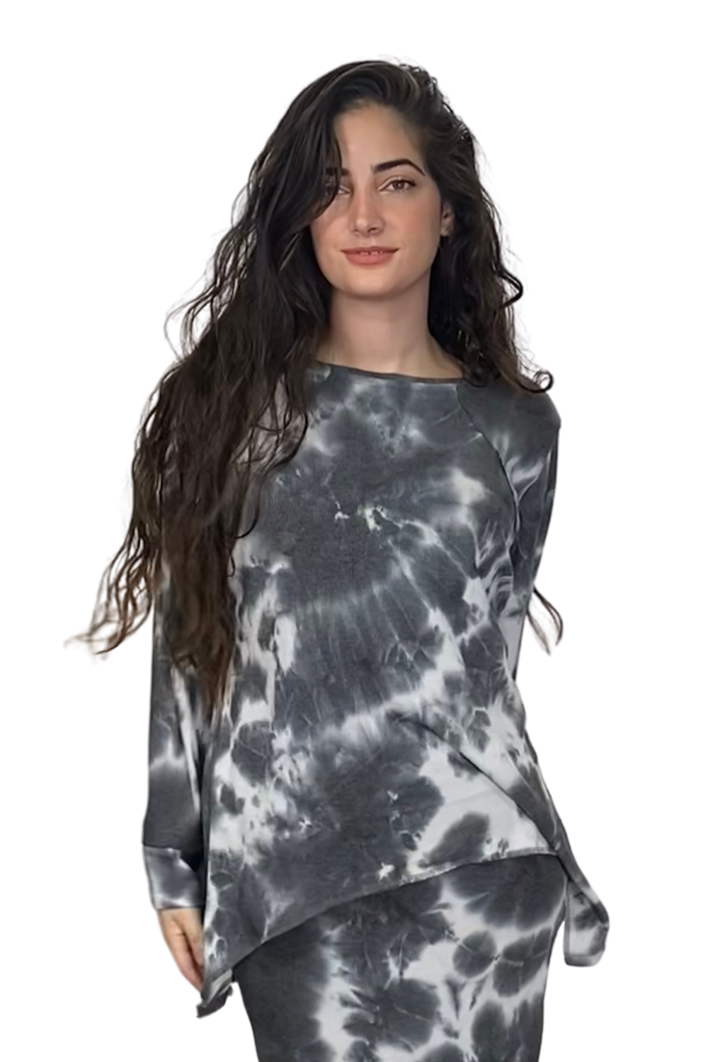 Long Sleeve Relaxed Fit Waffle Tunic - Tie-Dye High-Low Hem