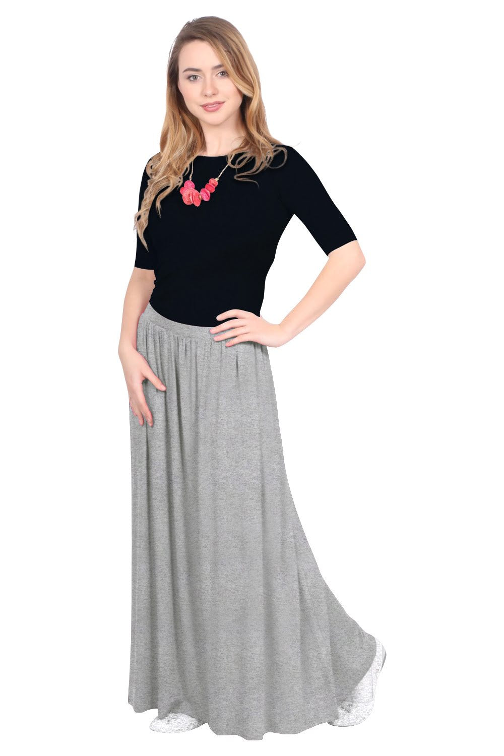 Women's Flowing Long Maxi Skirt with Pockets - Full Covered Elastic Waist