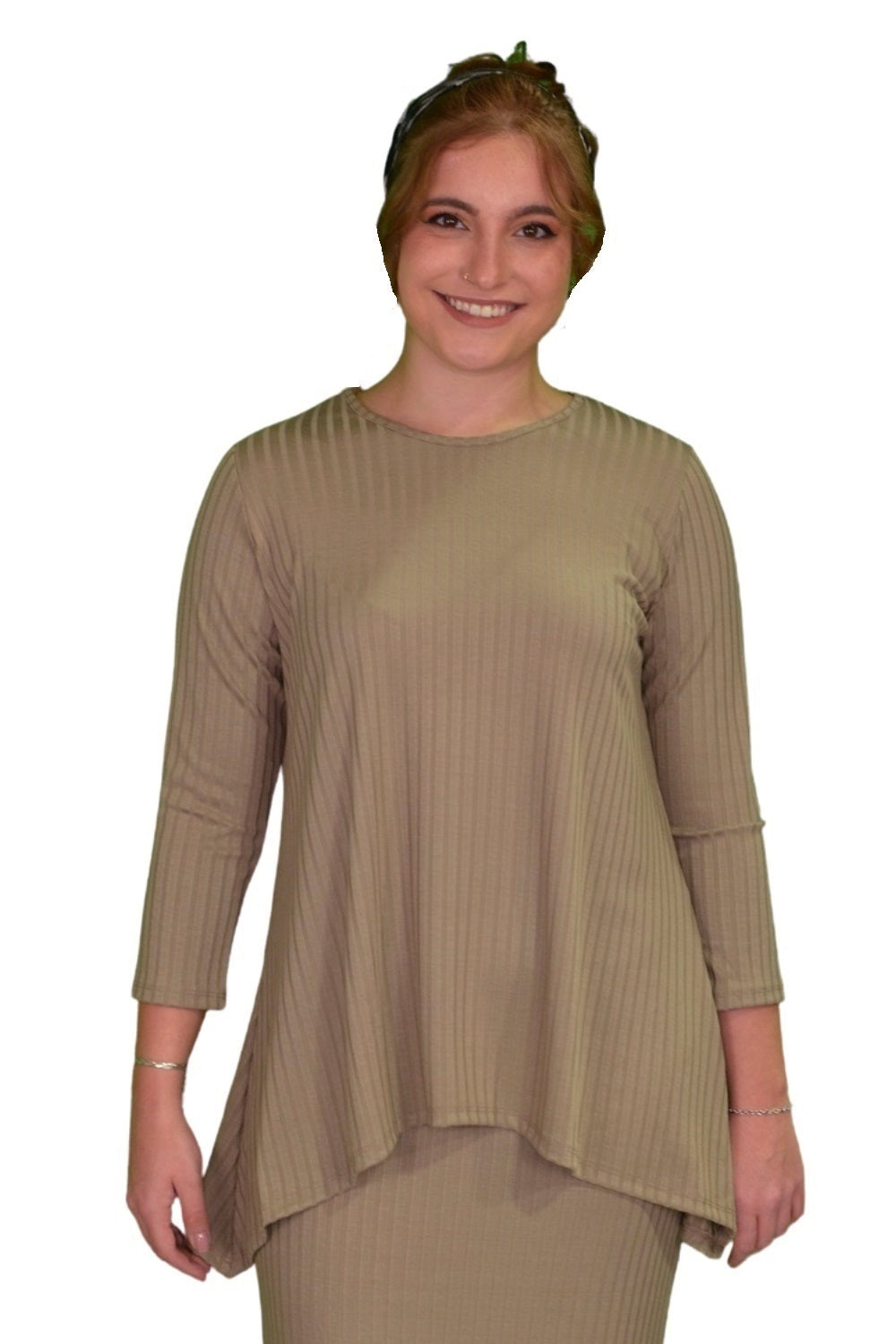 Women's 3/4 Sleeve Wide-Ribbed Handkerchief Tunic