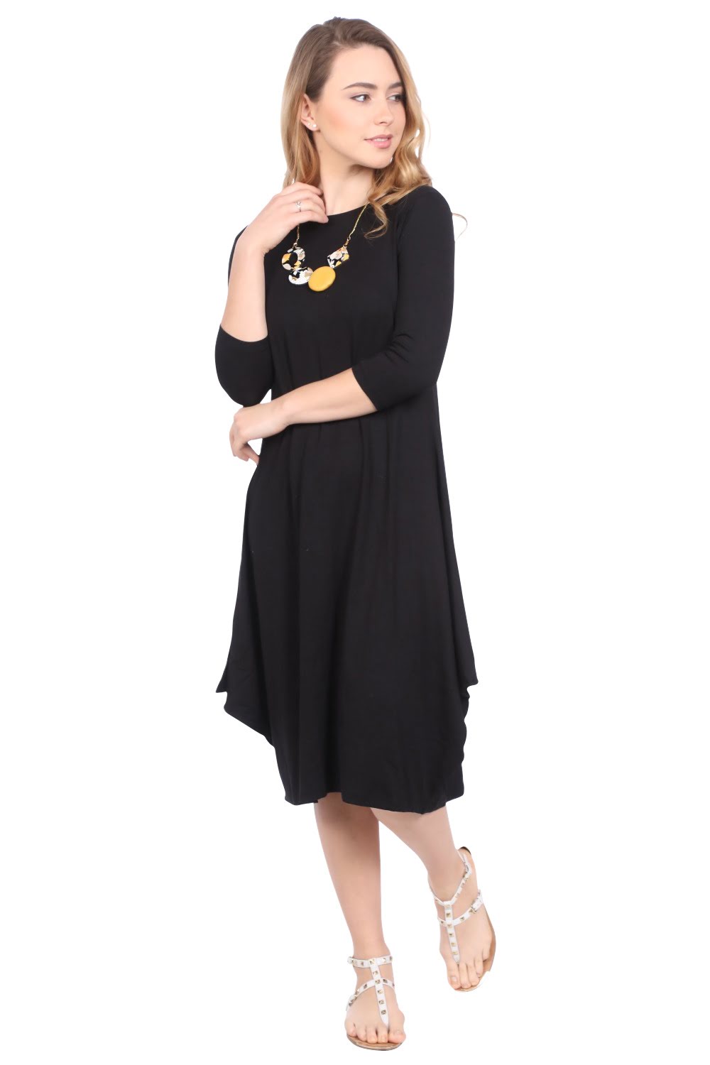 Flowing Midi Dress with 3/4 Sleeves and Dramatic Drape