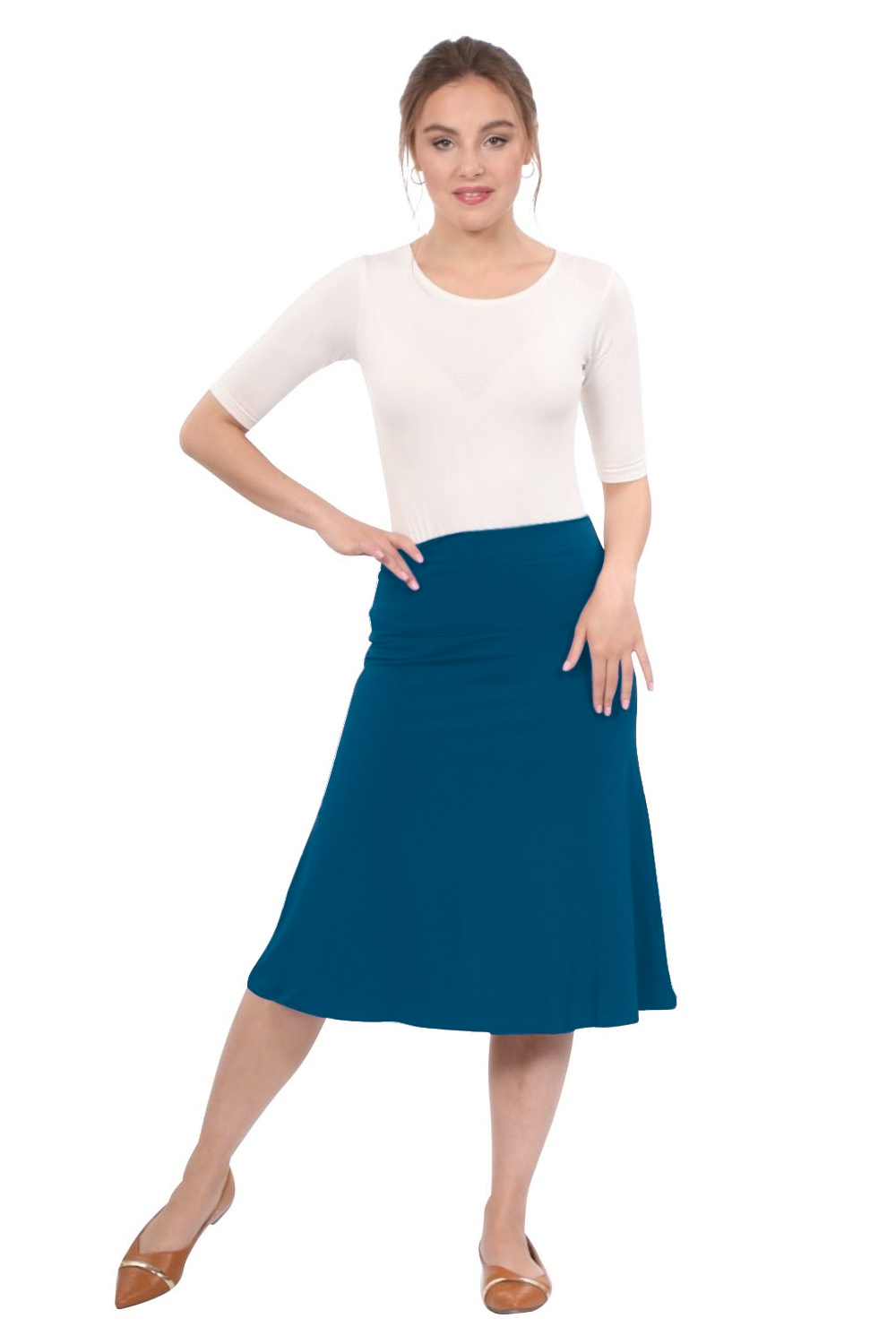 Sleek A-Line Adjustable Waist Midi Skirt with Fold-Over Waistband