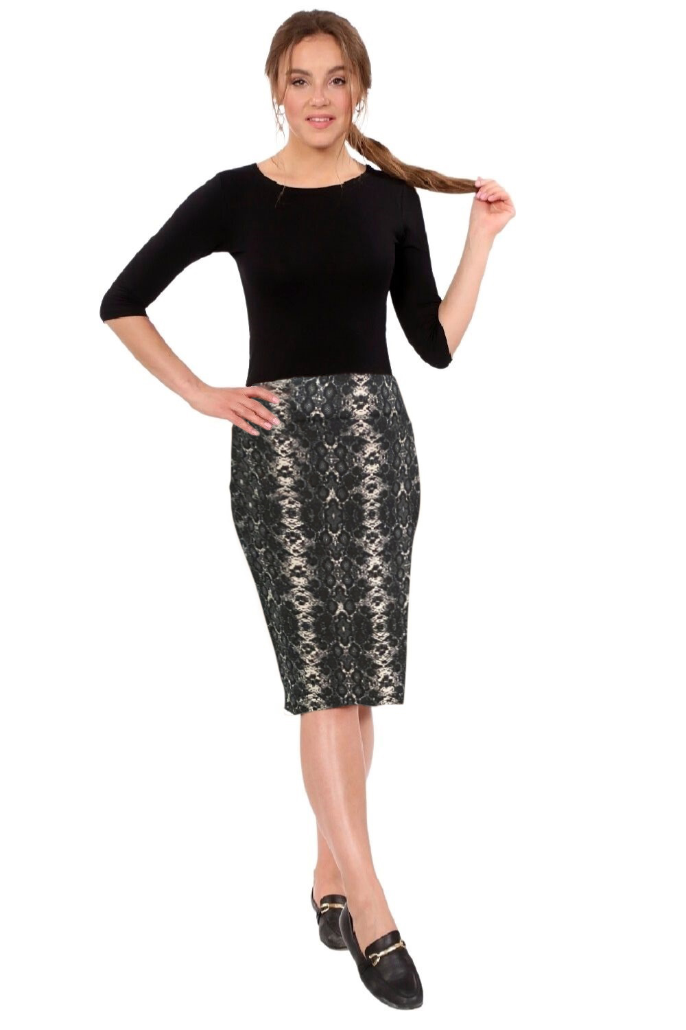 Stretch Knee Length Pencil Skirt for Women in Cotton Spandex