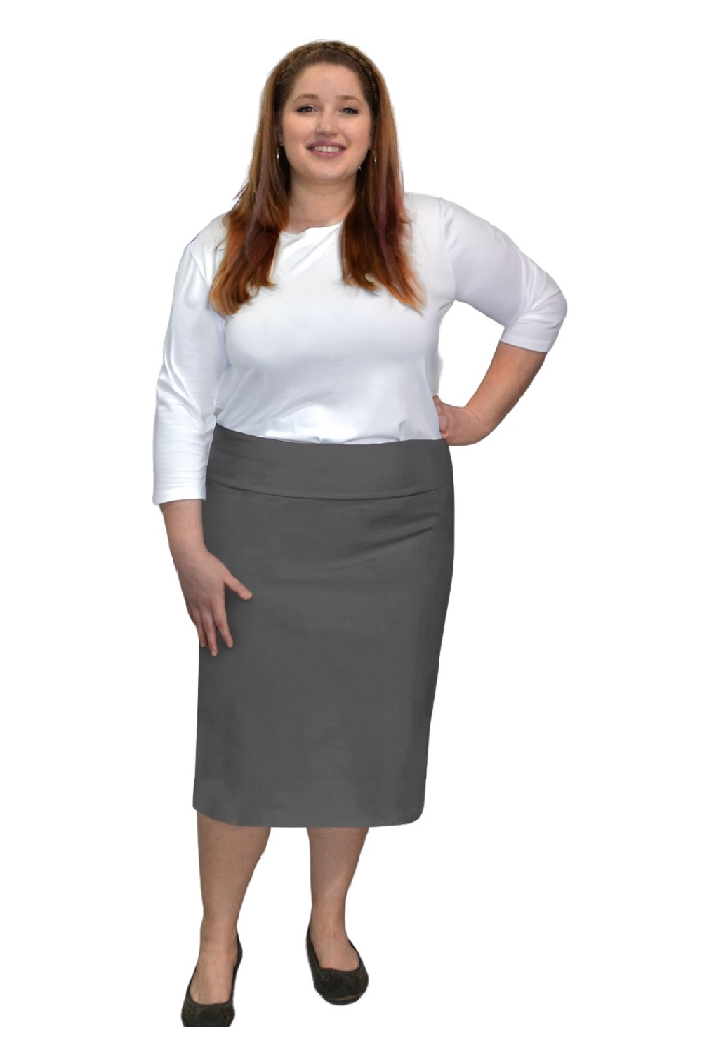 Stretch Knee Length Pencil Skirt for Women in Cotton Spandex Plus Size