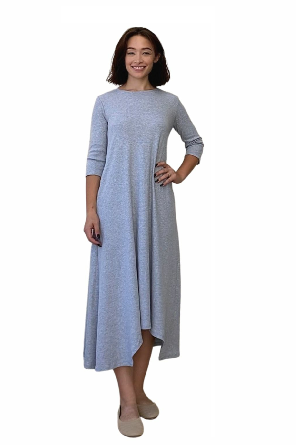 A-line Cotton Ribbed Maxi Dress - Modest Neckline,  3/4 Sleeves and Pockets