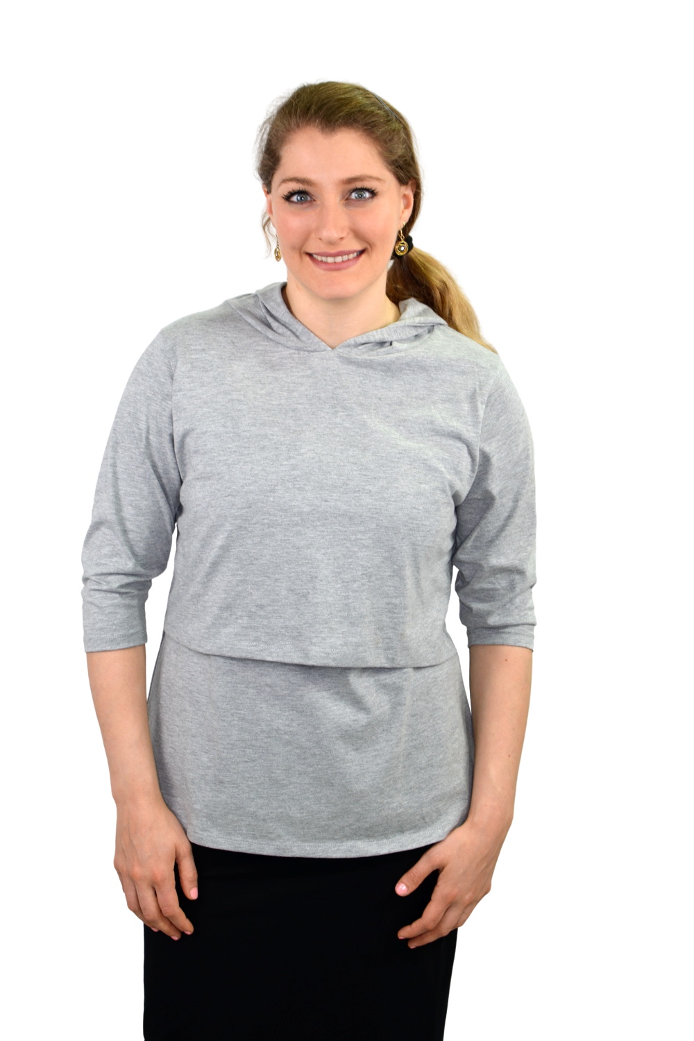 3/4 Sleeve Cotton Nursing Hoodie - Comfortable Double-Layer Tunic Top