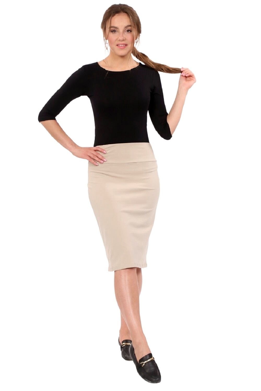 Women's Cotton Spandex Stretch Knee-Length Modest Pencil Skirt