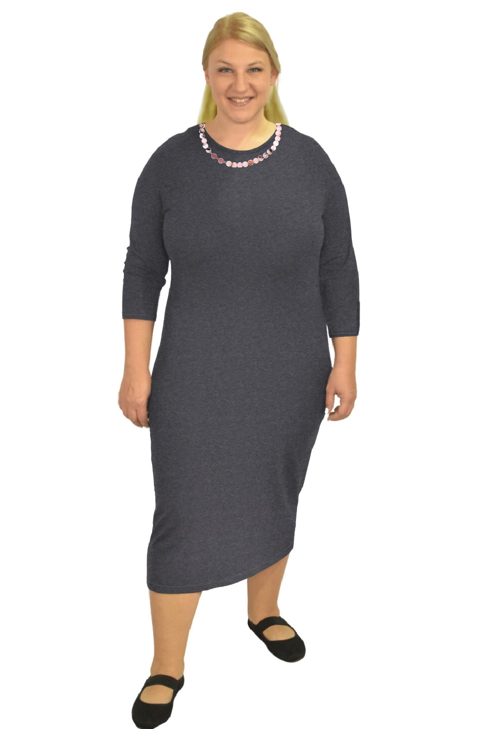 Plus Size Modest Layering Dress with 3/4 Sleeves and No Slits