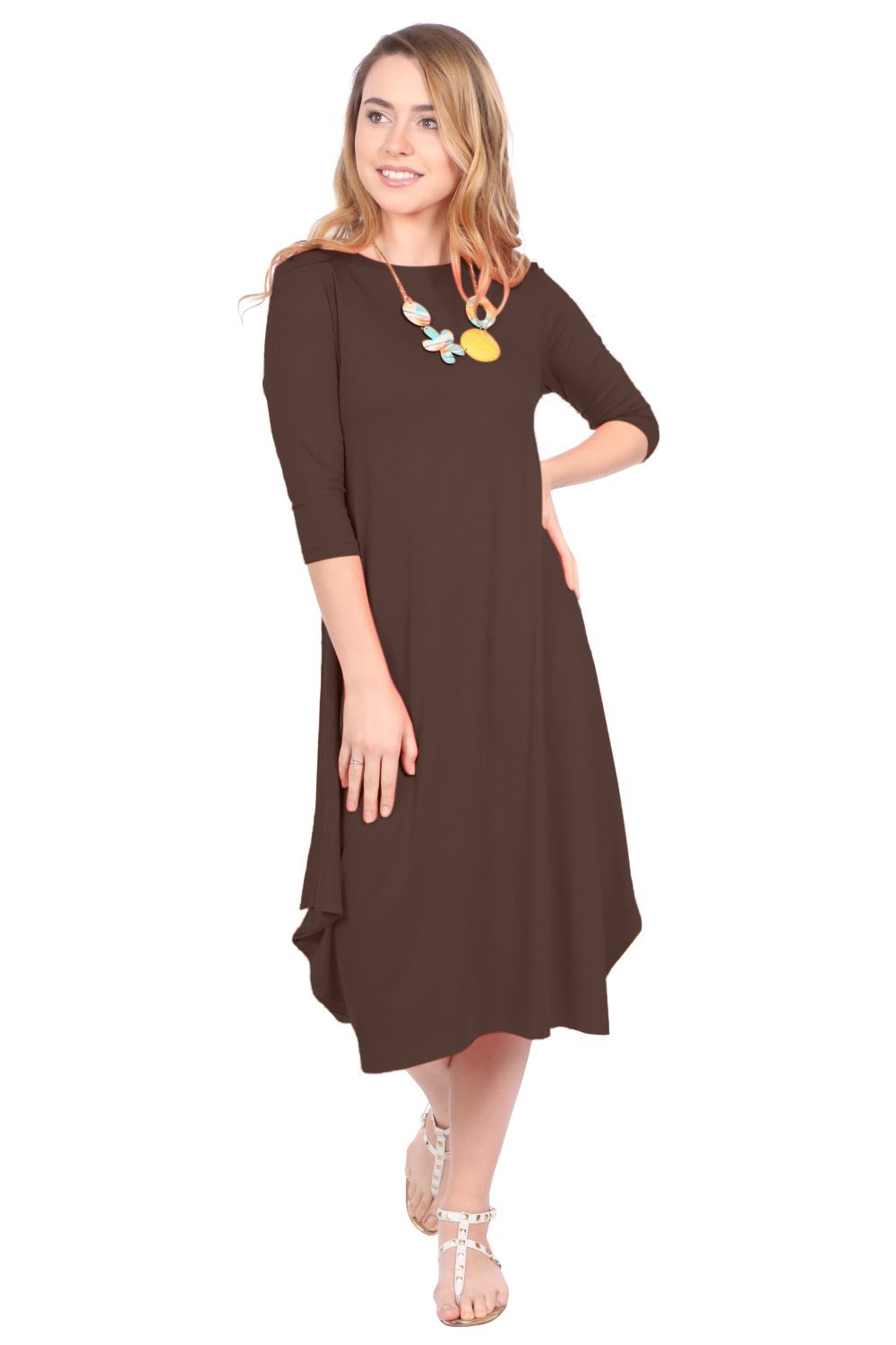 Flowing Midi Dress with 3/4 Sleeves and Dramatic Drape