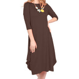 Flowing Midi Dress with 3/4 Sleeves and Dramatic Drape