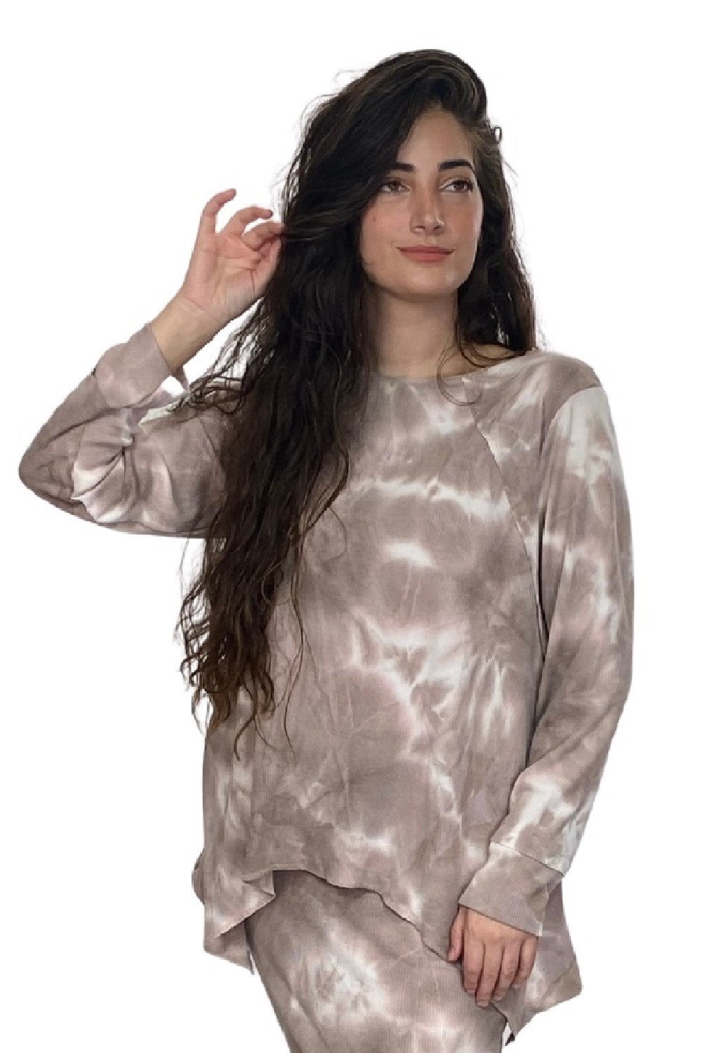 Long Sleeve Relaxed Fit Waffle Tunic - Tie-Dye High-Low Hem