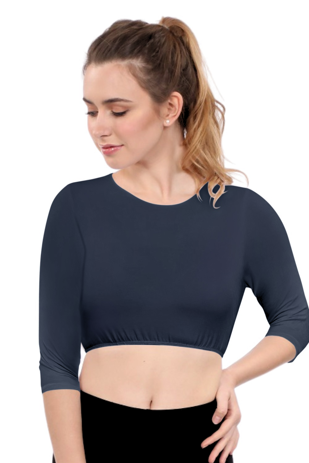 Modest Neck Cropped Layering Tank - Cotton Spandex 3/4 Sleeve Shell Top