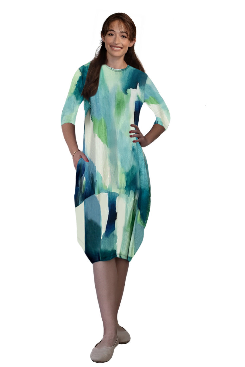 3/4 Sleeve Tulip Cocoon Dress - Mid-Calf Length with Pockets