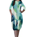 3/4 Sleeve Tulip Cocoon Dress - Mid-Calf Length with Pockets