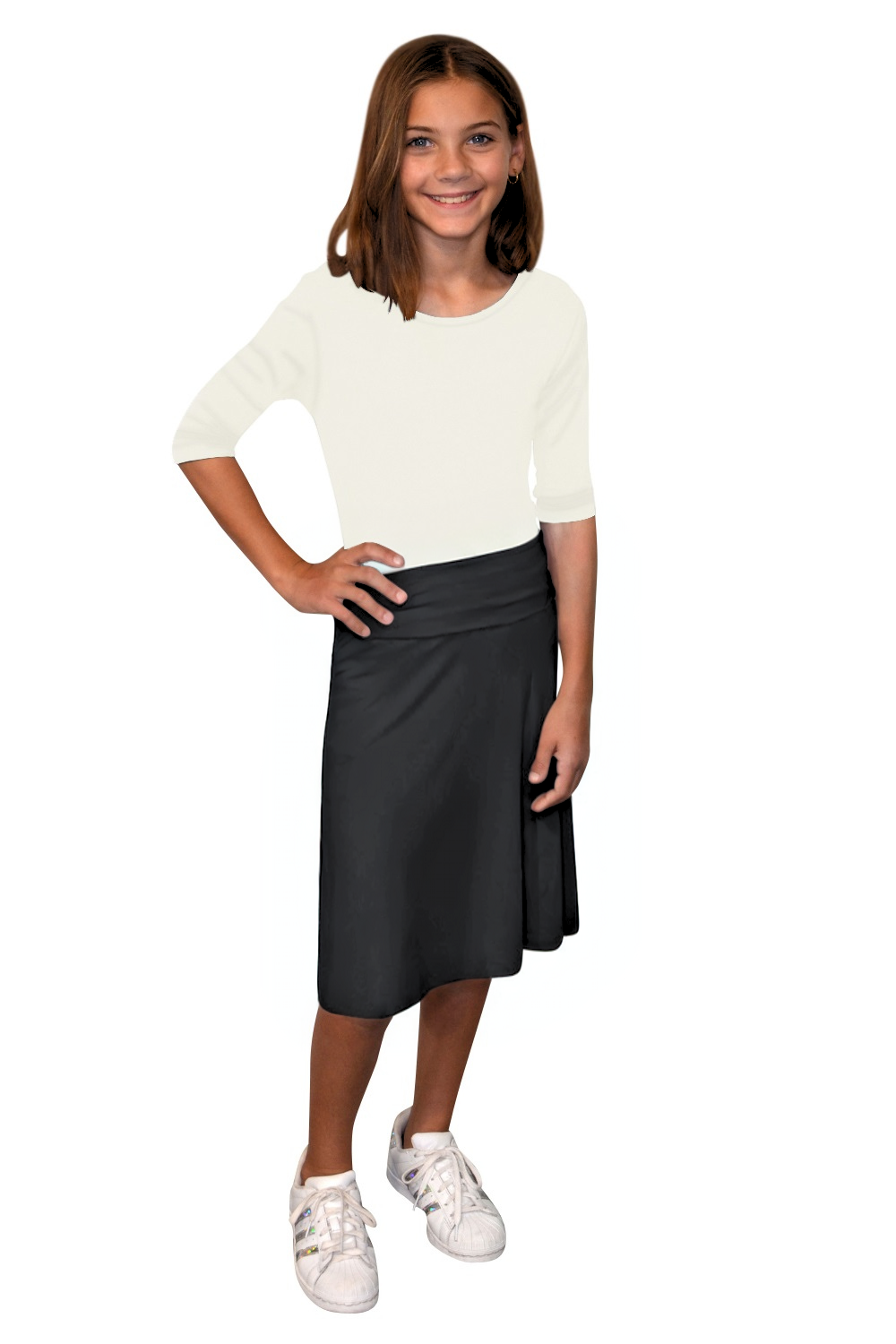 Girls A-Line Midi Skirt with Adjustable Fold-Over Waist