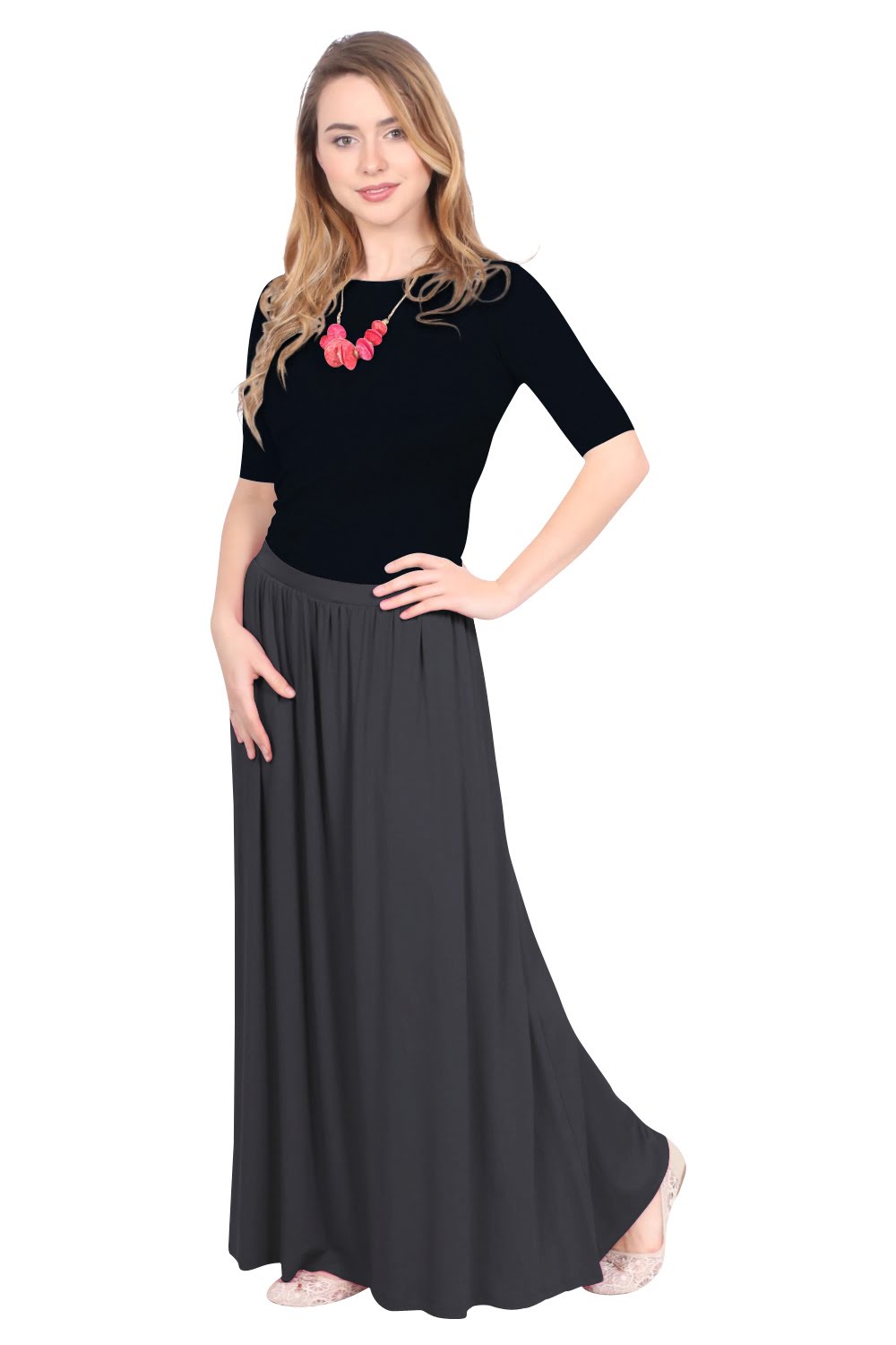 Women's Flowing Long Maxi Skirt with Pockets - Full Covered Elastic Waist