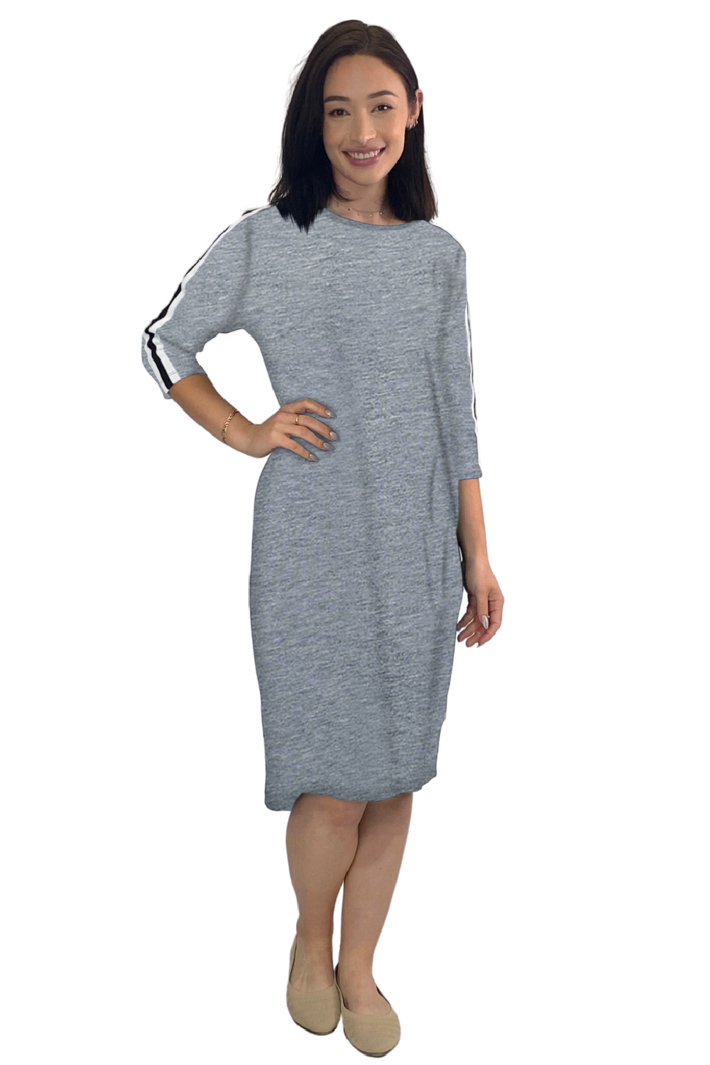 French Terry Knee-Length Dress with Racing Stripes and 3/4 Sleeves