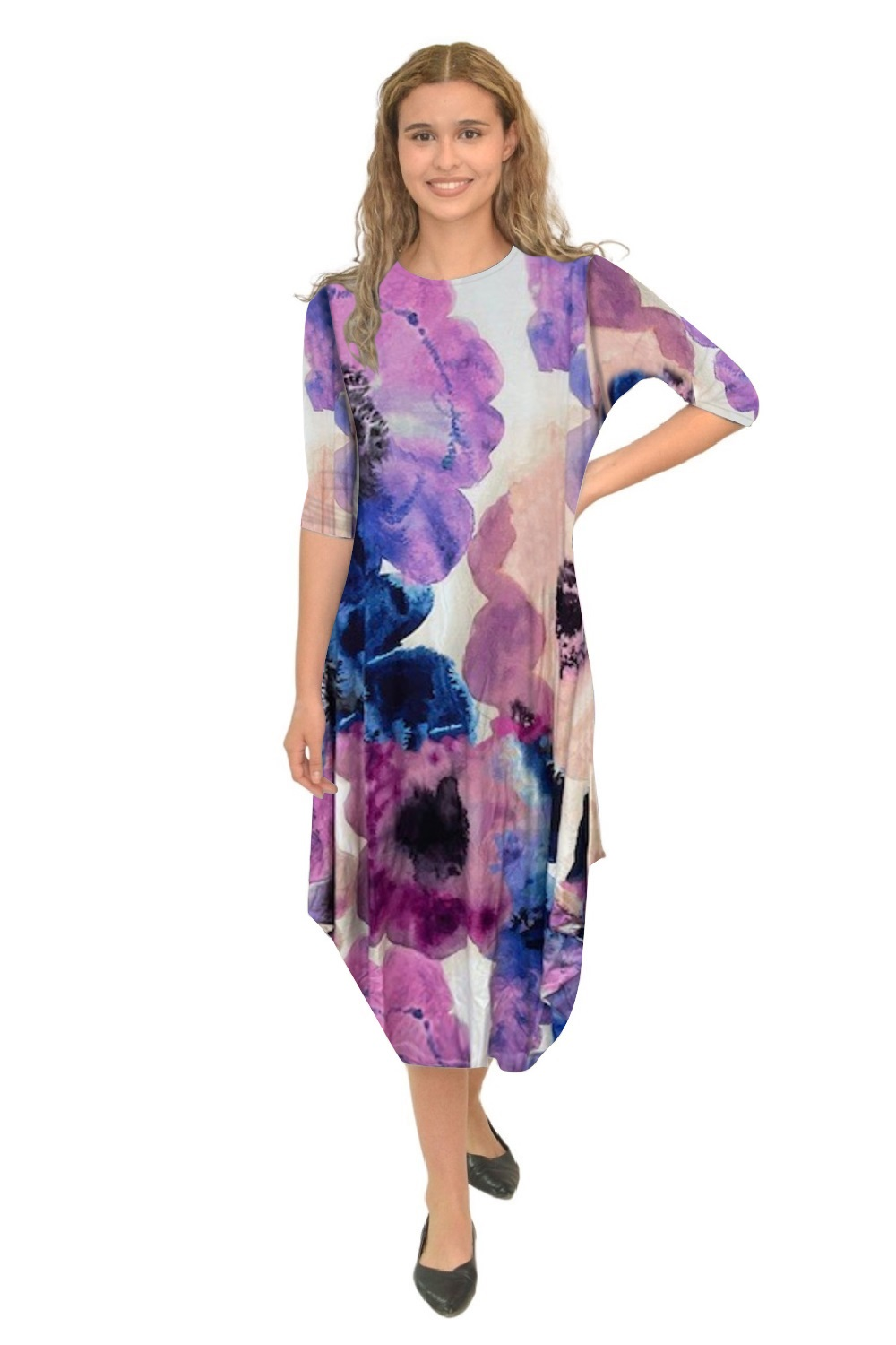 Flowing Midi Dress with 3/4 Sleeves and Dramatic Drape