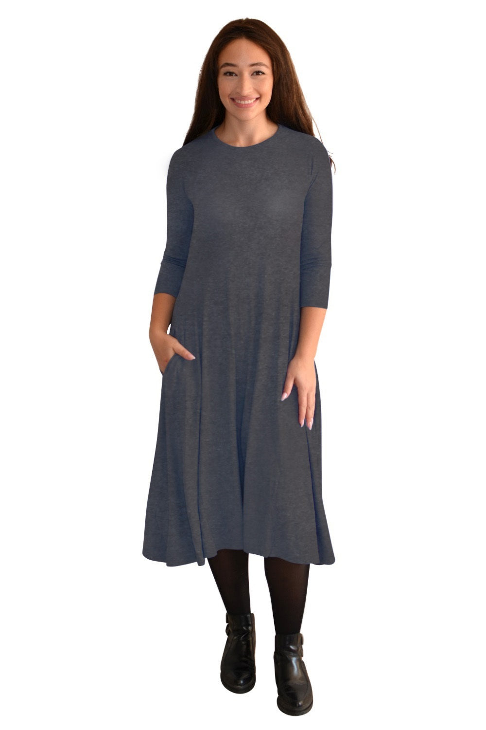 Mid-Calf 3/4 Sleeve Swing Dress with Pockets